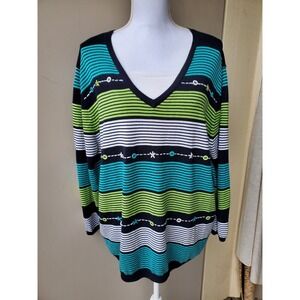 Alfred Dunner Sweater 2X Blue Green White Striped Embellished Artsy Spring Top